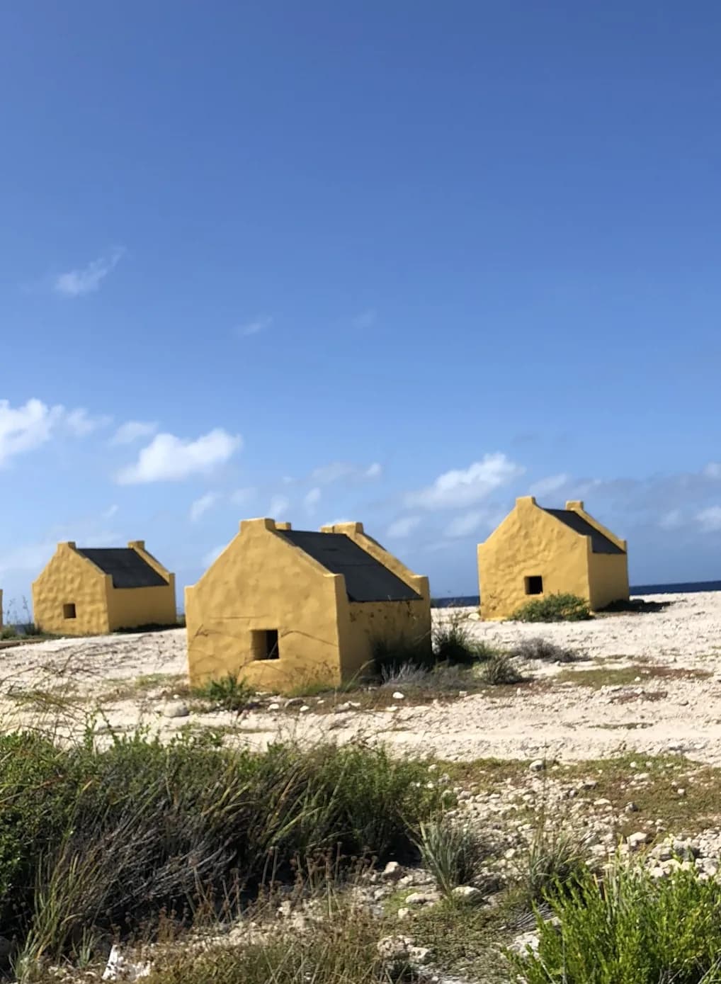 Gele historische slavenhuisjes aan de zuidkust van Bonaire