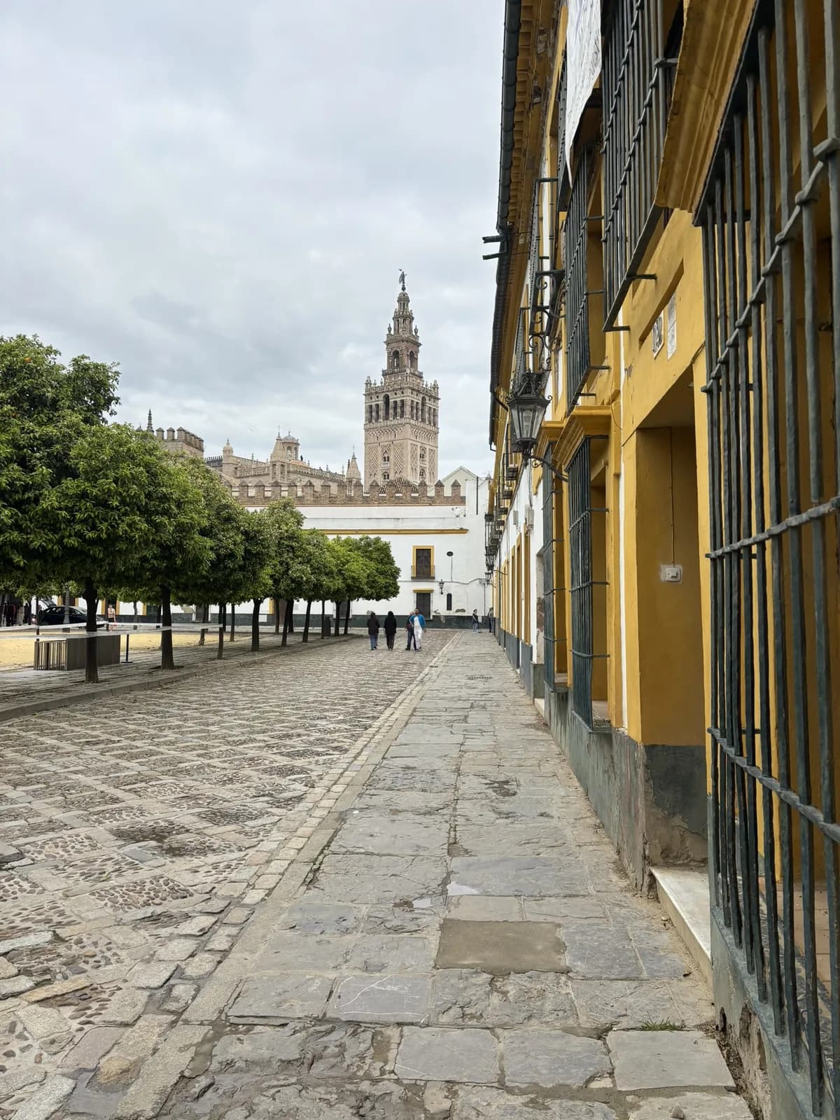 Straat in het historische centrum van Sevilla met de Giralda op de achtergrond