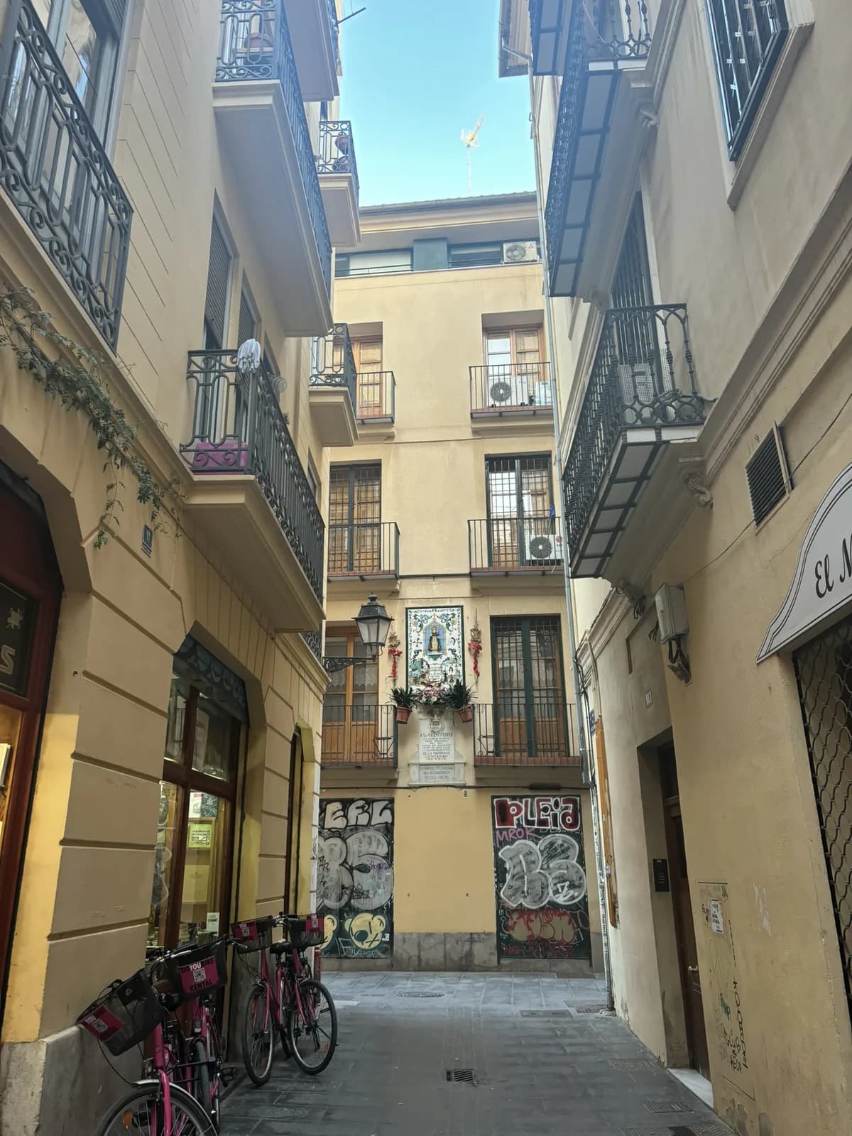 Smalle steeg met fietsen en gevelkunst in Ciutat Vella